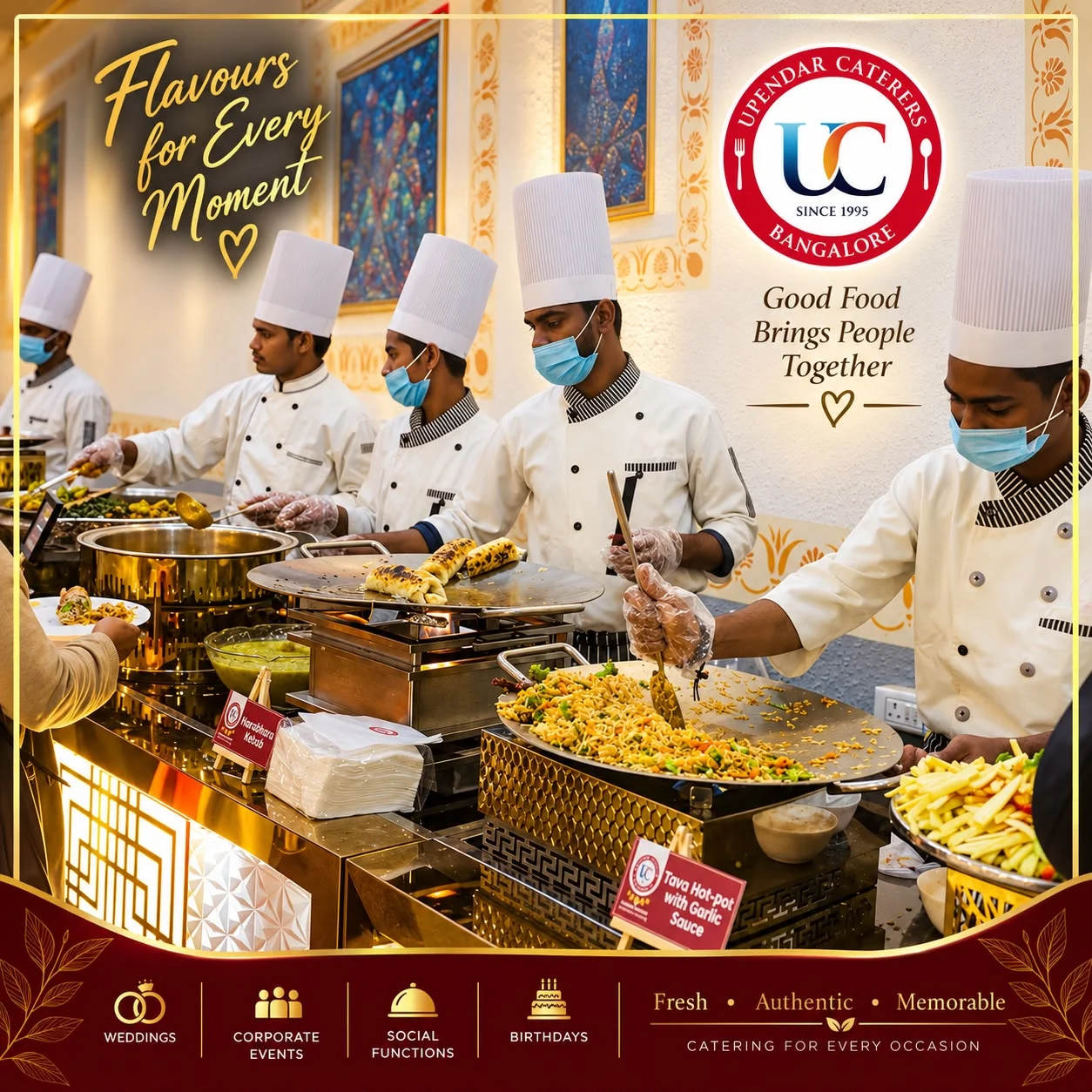 Uniformed catering chefs wearing masks behind brass buffet vessels beneath Upendar Caterers branding