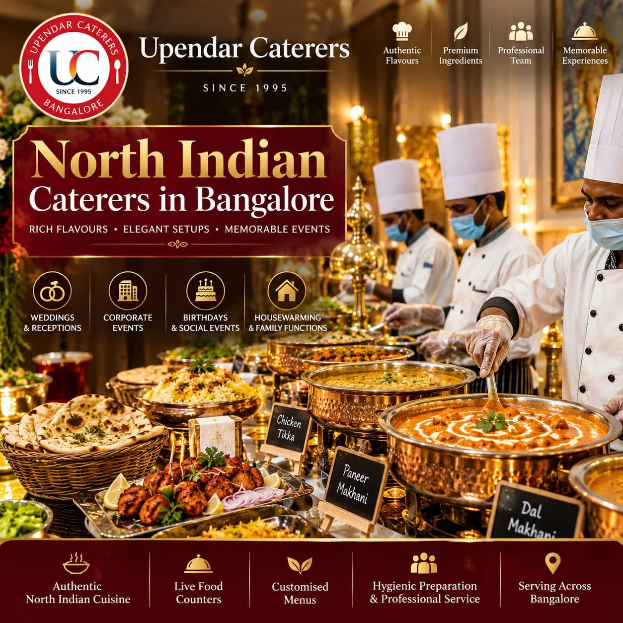 Upendar Caterers North Indian catering promotional graphic showing chefs, buffet dishes and event services