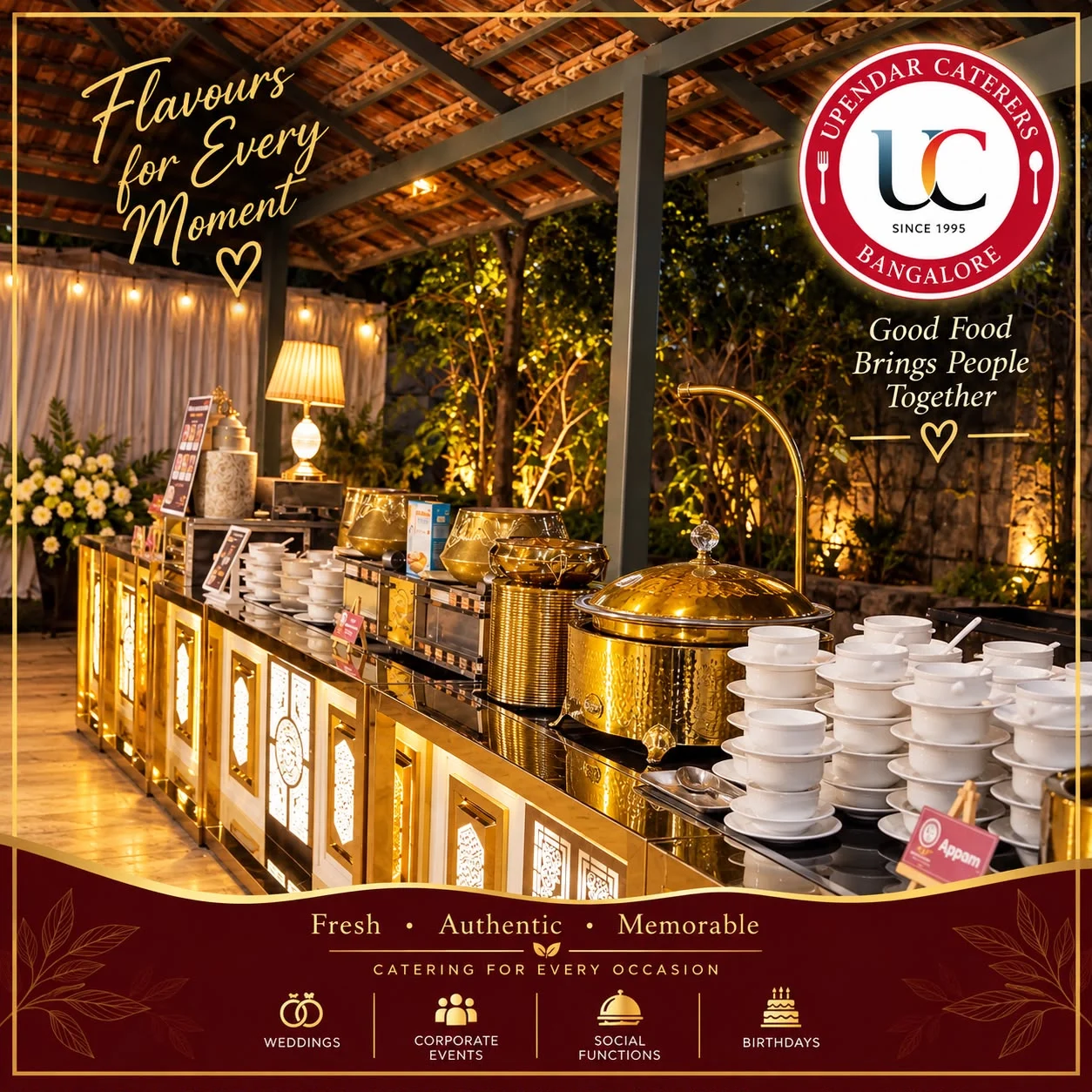 Long decorated Upendar Caterers buffet counter with brass vessels and stacks of white bowls