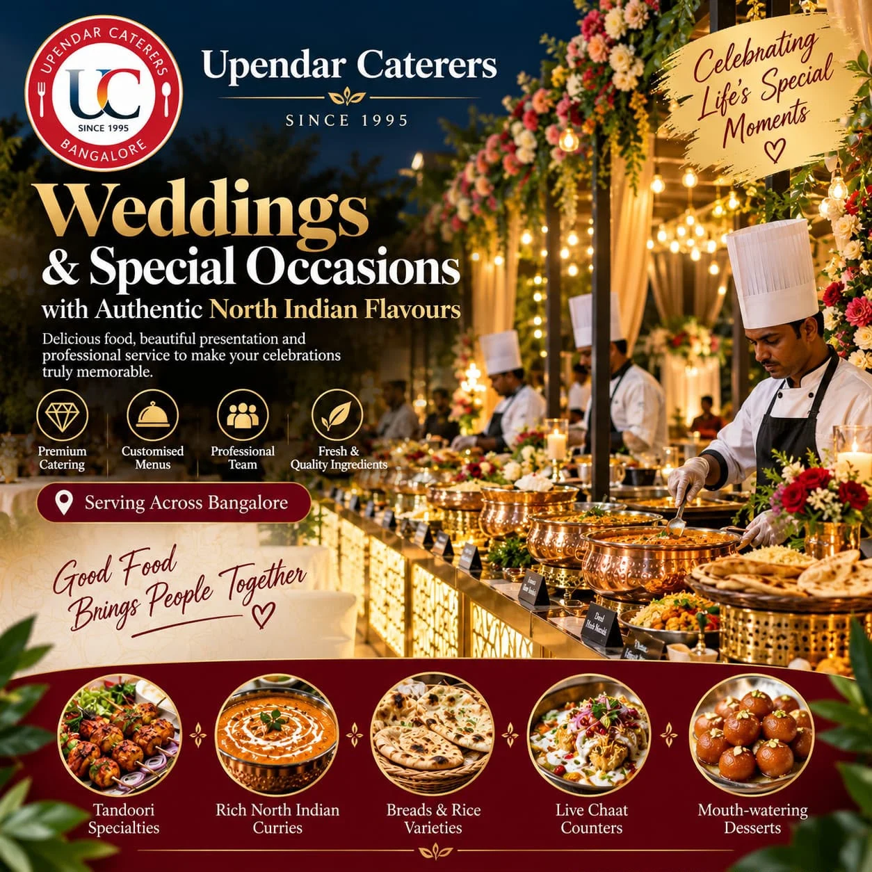 Upendar Caterers wedding catering promotional graphic featuring a buffet and North Indian dishes