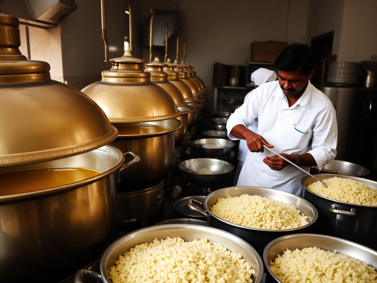 Cooks stirring sambar in large brass vessels